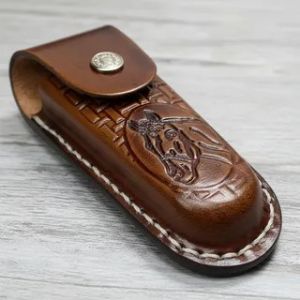 Bainha Para Canivete Em Couro Invernizado Marrom Claro